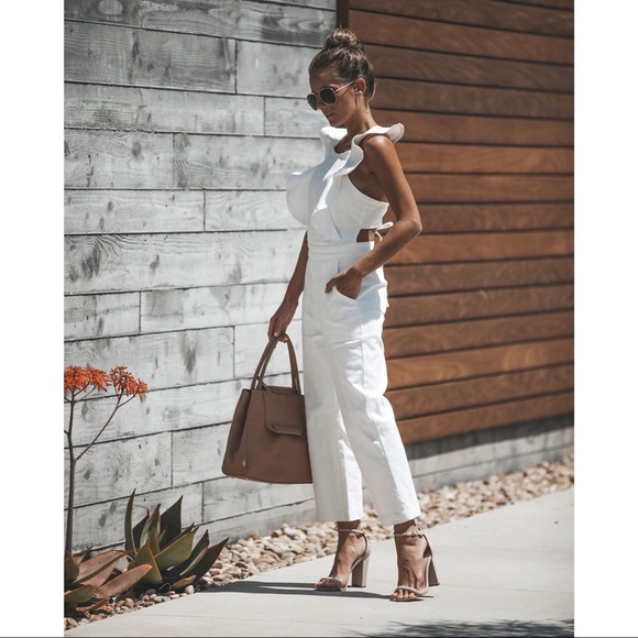 White Denim Ruffle Open Back Jumpsuit - Picture 5 of 8